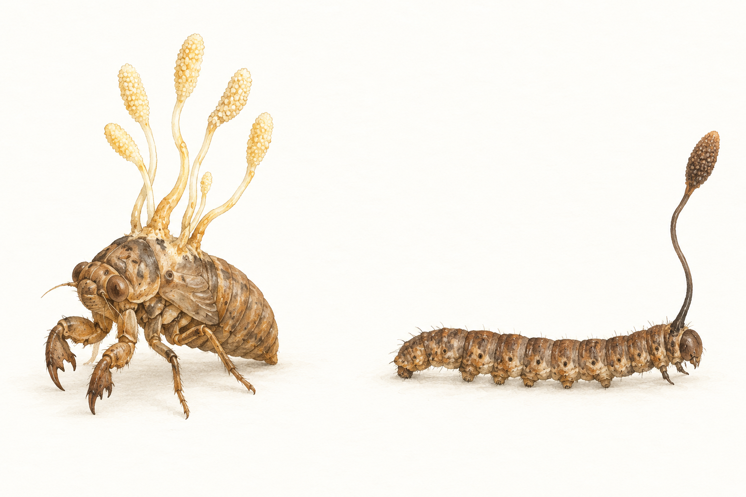 セミタケの姿を参考に描いたイラスト。セミの幼虫から淡い色の菌の組織が枝分かれして伸びる。